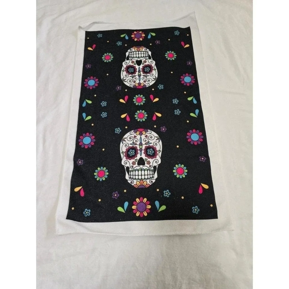 Day of the Dead Sugar Skull Kitchen Towel Tea Towel Black Floral Print /0467
